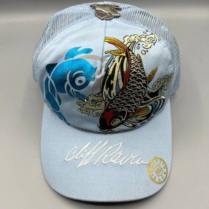 Vintage Cliff Raven‎ Hat Blue Ed Hardy Japanese tattoo Snap back Trucker Cap 90s
